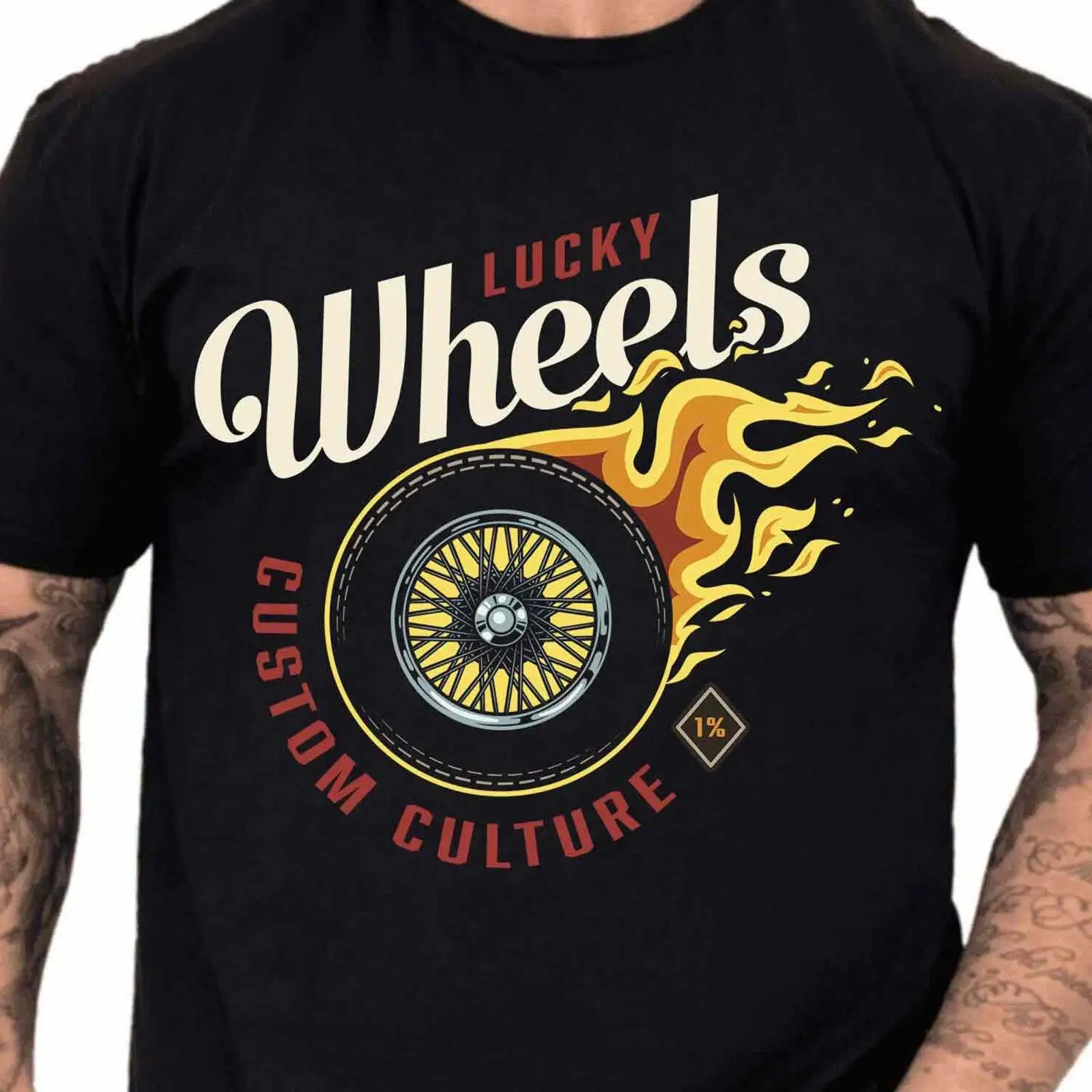 Vintage Fashion Wheel - Lucky Wheels Custom T-Shirt Flaming Tire