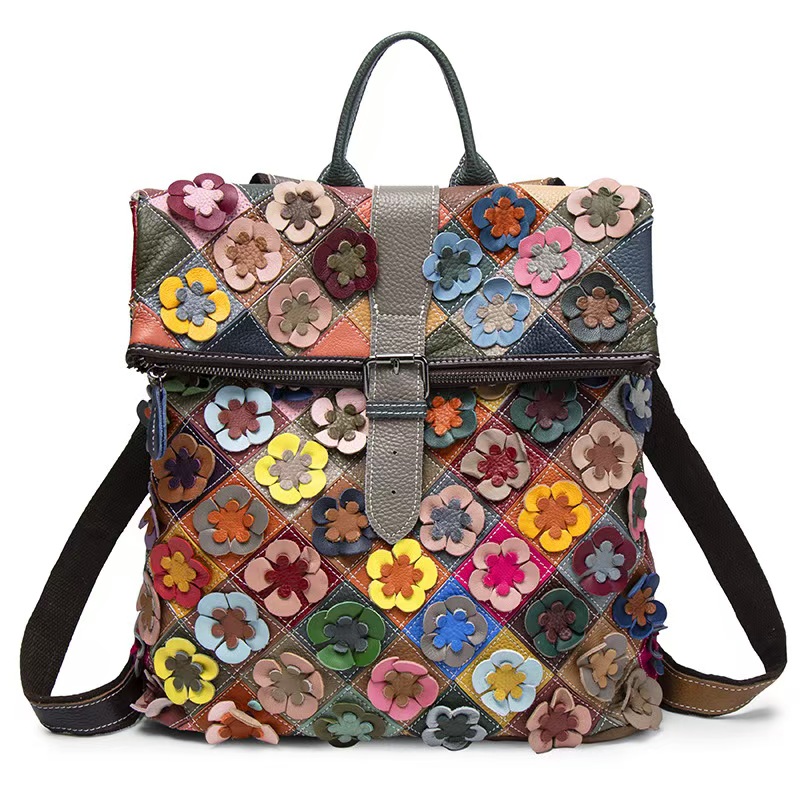 Vintage Fashion For Women - Vintage Damen Echtleder-Rucksack mit Blumenmuster, Echtes
