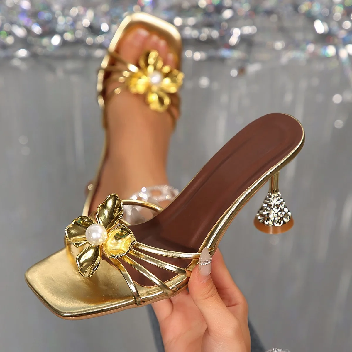Vintage Old Fashion - Vintage Metall-Blumen-Kristall-Sandalen mit Keilabsatz, Sommer-Perlen-Sandalen mit
