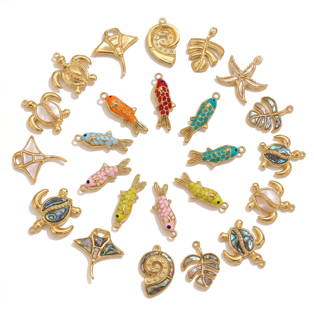 Vintage Fashion Finds - 2 Stück Emaille-Ozean-Tier-Anhänger: Schildkröte, Fisch, Seestern,