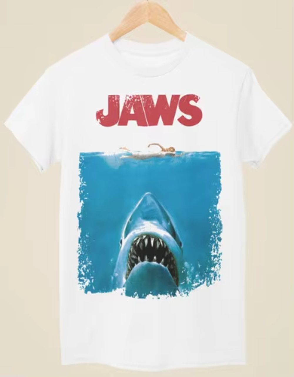 Vintage Fashion Illustration - Vintage-T-Shirt, inspiriert vom Filmplakat „Jaws“, schwarzes