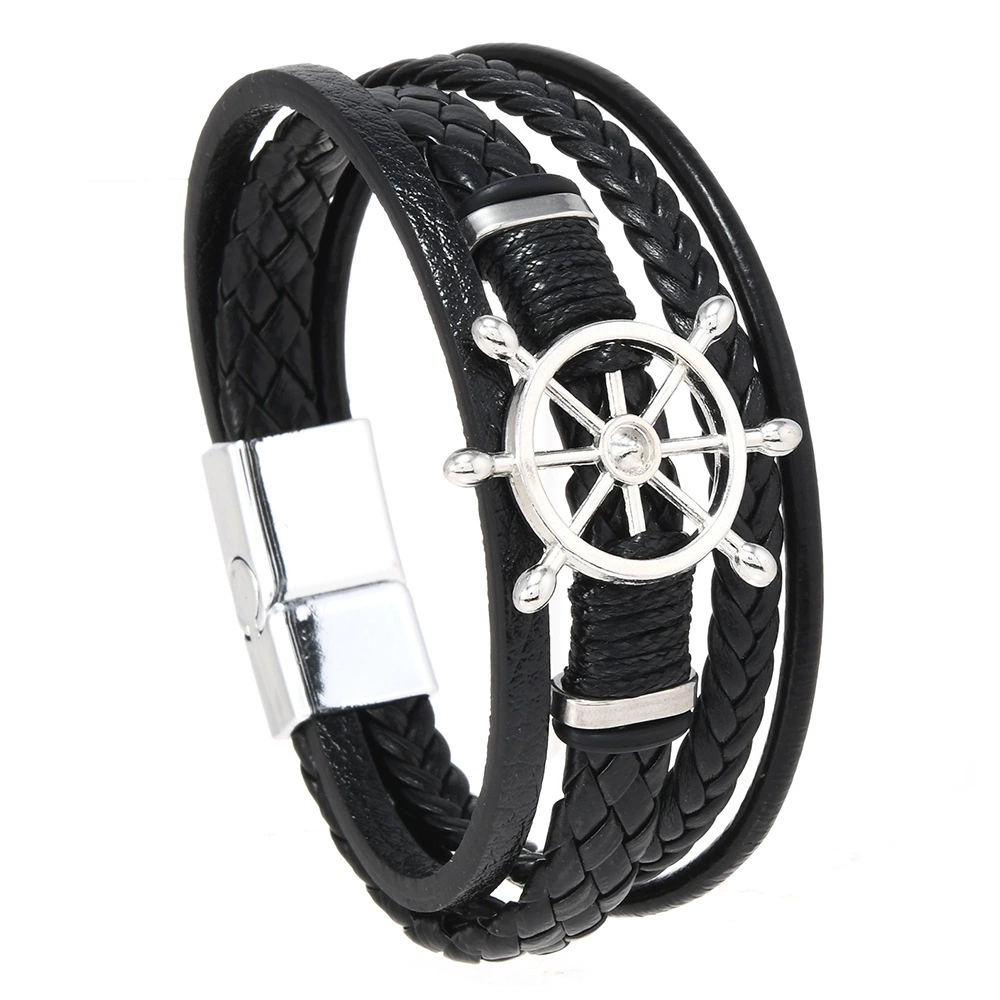 Vintage Fashion Wheel - Vintage-Schmuck, mehrschichtiges geflochtenes Lederarmband mit Schiffsrad-Anhänger