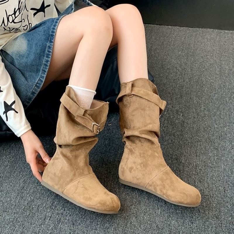 Vintage Old Fashion - Damen Wildleder Halbstiefel Vintage Schnallenverschluss Slouch